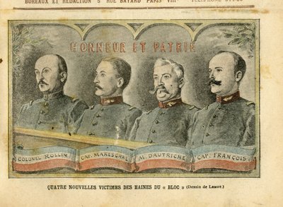 Illustrazione di Achille Lemot (1846-1909) in Le Pelerin, 20/11/04 - Quattro nuove vittime degli odi del Blocco - Esercito, Affaire des fiche, Patriottismo - Colonnello Rollin, Capitano Mareschal, Dautriche, Capitano Francois da Achille Lemot