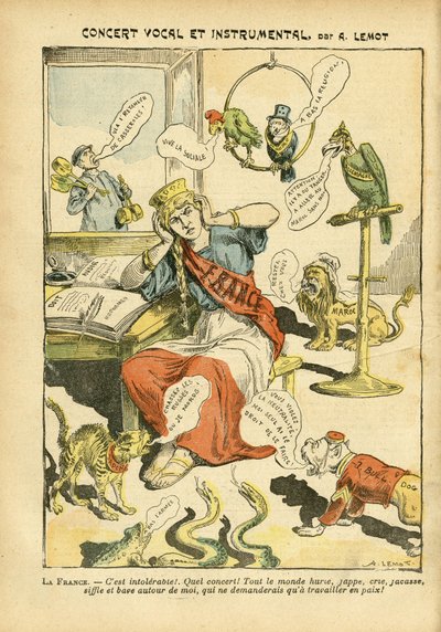 Illustrazione di Achille Lemot (1846-1909) in Le Pelerin, 21/05/05 - Concerto vocale e strumentale - Russia, Germania Prussia, Musica, Inghilterra Gran Bretagna, Europa, Giappone, Pace, Marocco, Diplomazia, Bandiera tricolore, Blocco delle sinistre, Cantan da Achille Lemot