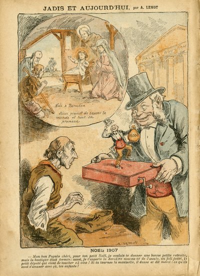 Illustrazione di Achille Lemot (1846-1909) in Le Pelerin, 22/12/07 - Un Tempo e Oggi - Pensioni dei Lavoratori, Anti-Parlamentarismo, Religione Fede, Natale, Camera dei Deputati Emiciclo, Quindicimila, Indennità Parlamentari, Cattolicesimo da Achille Lemot
