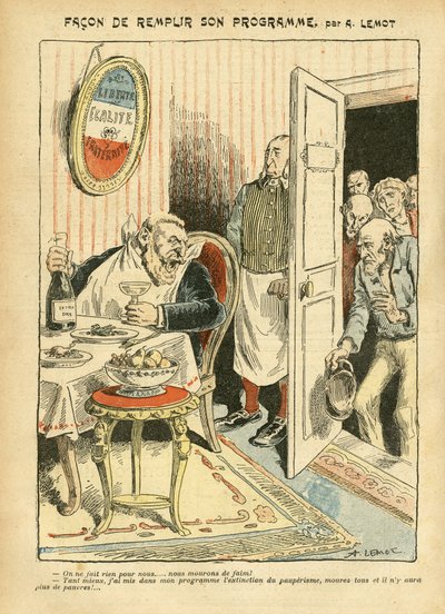 Illustrazione di Achille Lemot in Le Pelerin, 23/07/05 - Come realizzare il suo programma - Sociale, Miseria, Gastronomia cucina, Socialismo - Jaures Jean, Deputato, Homemans - Metafora del cibo, Opposizione/Associazione da Achille Lemot