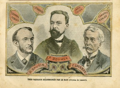 Illustrazione di Achille Lemot in Le Pelerin, 23/10/04 - Tre radicali scomunicati dal Bloc - Finanze del Bilancio, Presidente della Repubblica, Marina Marittima Nautica Balneare, Bloc delle sinistre, Indocina, Opere pubbliche - Doumer Paul da Achille Lemot