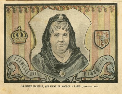 Illustrazione di Achille Lemot in Le Pelerin, 24/04/04 - Regina Isabella, appena morta a Parigi - Parigi, Spagna, Monarchia, Sovrano straniero - Isabella II di Spagna da Achille Lemot