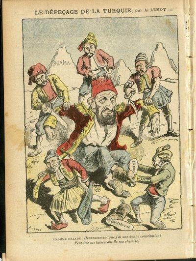Illustrazione di Achille Lemot in Le Pelerin, 25/10/08 - Il depecage della Turchia - Turchia, Religione Fede, Balcani, Bulgaria, Bosnia Erzegovina, Creta, Cattolicesimo - Abdul-Hamid II da Achille Lemot