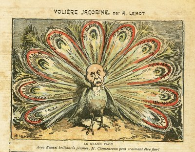 Illustrazione di Achille Lemot (1846-1909) in Le Pelerin, 26/01/08 - Voliera giacobina - Blocco dei sinistri, Crisi del vino Rivolta dei vignaioli, Narbonne, Beziers, Aurore (diario) - Clemenceau George, Pavone, - Animalizzazione da Achille Lemot