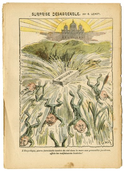 Illustrazione di Achille Lemot (1846-1909) in Le Pelerin, 26/08/06 - Sorpresa sgradevole - Clericale/antirepubblicano, Religione Fede, Vaticano, Espressioni, Cattolicesimo - Enciclica - Rana - Animalizzazione da Achille Lemot