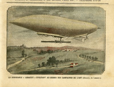 Illustrazione di Achille Lemot in Le Pelerin, 26/11/05 - Il dirigibile Lebaudy evoluisce sulla campagna orientale - Campagna, Palloni dirigibili zeppelin aerostazione, Lebaudy da Achille Lemot