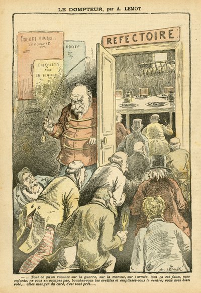 Illustrazione di Achille Lemot in Le Pelerin, 27/03/04 - Il domatore - Ristoranti Caffè, Gastronomia cuoco - Combes Emile, Domatore - Metafora del cibo da Achille Lemot
