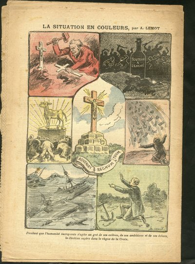 Illustrazione di Achille Lemot (1846-1909) in Le Pelerin, 28/02/09 - La situazione a colori - Religione Fede, Marina Marittima, Ateismo, Disastri Naturali, Croce Cristiana, Cattolicesimo - Vitello d