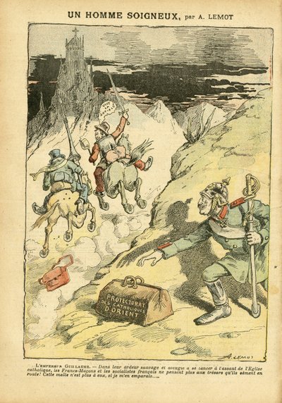 Illustrazione di Achille Lemot in Le Pelerin, 28/05/05 - Un uomo attento - Anticlericalismo, Sociale, Colonizzazione Colonialismo, Franco-Maconismo, Oriente, Religione Fede, Blocco di Sinistra, Socialismo, Protettorato del Cattolicesimo Orientale, Cattolic da Achille Lemot