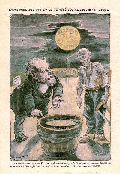Deputato socialista promette la luna (pensione) a un povero proletario (falegname), in Le Pelerin, settimanale cattolico N°1391 del 30 agosto 1903 di A. Lemot (disegno) da Achille Lemot