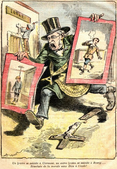 I risultati: un liceale suicida a Clermont, un altro a Bourg: risultati della moralità senza Dio a scuola! - Caricatura di Achille Lemot in Le Pelerin (1909) - opposizione tra insegnamento laico e religioso (cattolico) - un funzionario della Repubblica da Achille Lemot