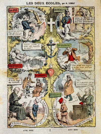 Le due scuole: caricatura sulle differenze tra la scuola confessionale e la scuola laica - di Lemot, in "Le Pelerin" del 04/04/1909 da Achille Lemot