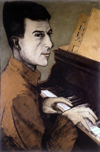 Ritratto di Maurice Ravel al pianoforte - litografia di Ouvré da Achille Ouvré
