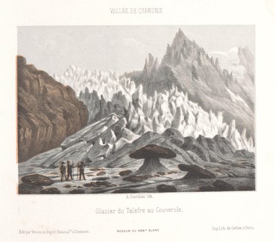 Veduta della pietra Couvercle presso il ghiacciaio Talèfre (Glacier du Talèfre au Couvercle) (Ricordo di Chamonix-Mont-Blanc) (Museum du Mont-Blanc) da Ad. Cuvillier