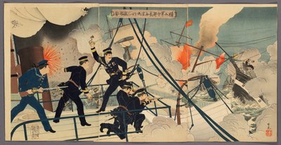 Kabayama, il capo di stato maggiore della marina, attacca le navi nemiche a bordo del Saikyomaru (Kabayama gunreibucho Saikyomaru o motte tekikan ni ataru) da Adachi  Ginkō