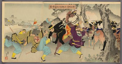 Il comandante Sakakibara combatte coraggiosamente a sud di Ximucheng (Takubokujo nan ni oite Sakakibara shosa funsen no zu) da Adachi  Ginkō