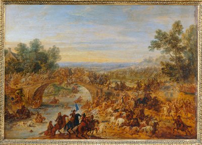 Combattimento della cavalleria mentre attraversa un ponte ... da Adam Frans van der (circle of) Meulen