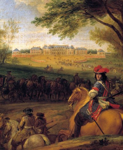 Arrivo del re Luigi XIV preceduto dalle guardie del corpo in vista del vecchio castello di Versailles nel 1669 da Adam Frans van der Meulen
