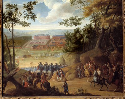 Veduta di Versailles nel 1664 con il Re di Francia Luigi XIV e una compagnia di Moschettieri da Adam Frans van der Meulen