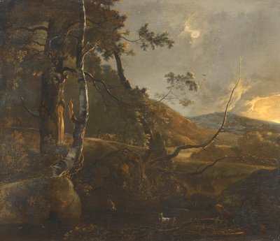 Paesaggio boscoso con un pastore su un sentiero e una capra solitaria da Adam Pynacker