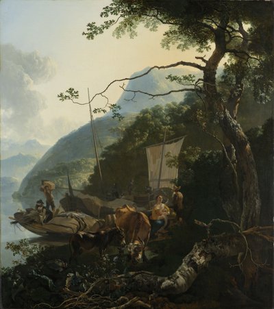 Barcaioli ormeggiati sulla riva di un lago italiano da Adam Pynacker