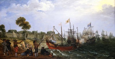 Uno squadrone di guerra olandese che attacca una fortezza coloniale spagnola, difesa da barche da Adam Willaerts