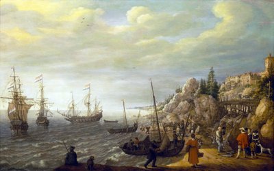 Tre navi olandesi ancorate in una baia davanti a una città fortificata scandinava da Adam Willaerts