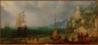 Paesaggio costiero roccioso con barche a vela e pescatori da Adam Willarts