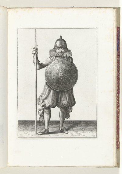Esercizio con scudo e lancia: il soldato riporta la lancia in posizione di riposo in tre tempi, terzo movimento (n. 12), 1618 da Adam van Breen