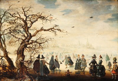 Tedesco: Wintervergnügen Paesaggio invernale con eleganti figure che pattinano sul ghiaccio da Adam van Breen