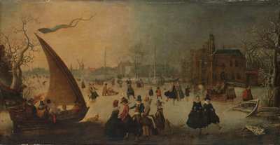 Paesaggio con canale ghiacciato, pattinatori e una barca a vela da Adam van Breen