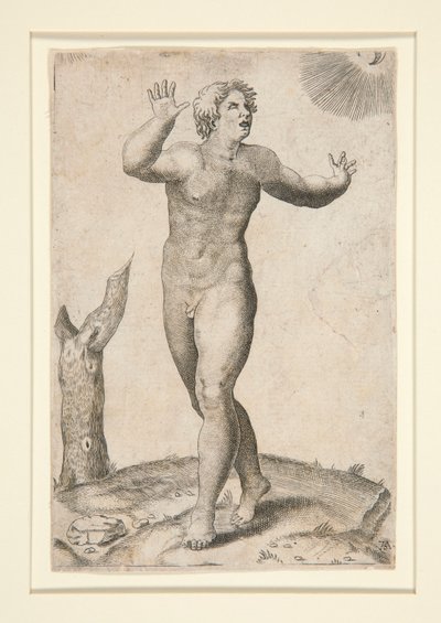 Un uomo nudo spaventato vedendo la luna e il sole nel cielo allo stesso tempo da Adamo Scultori
