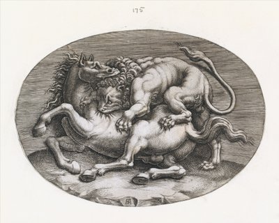 Speculum Romanae Magnificentiae: Leone che attacca un cavallo, c1540-80 da Adamo Scultori