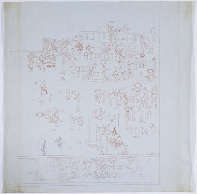 Copia di un murale completo dalla parete ovest, Tempio Superiore dei Giaguari, Chichen Itza, Messico Camera interna sulla parete ovest Disegnato in inchiostro rosso da Adela Breton