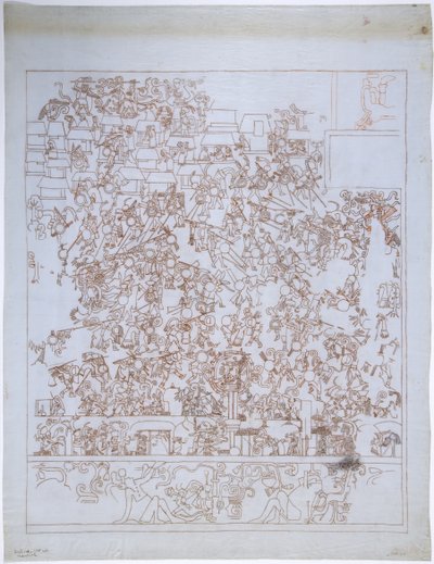 Copia di un dipinto murale, Tempio Superiore dei Giaguari, Estremità Sud, Parete Ovest, Tempio Superiore dei Giaguari, Chichen Itza, Messico da Adela Breton