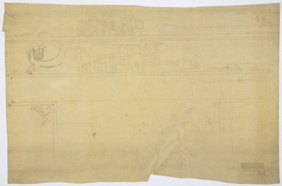 Copia di un tracciato di un dipinto murale sopra la porta, Tempio Superiore dei Giaguari, Chichen Itza, Messico Matita 