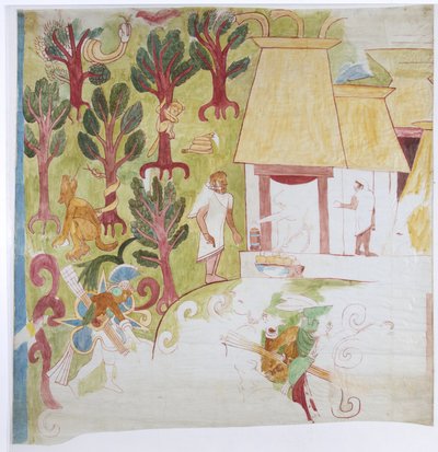 Copia di parte di un dipinto murale dal pannello sud, parete est, camera interna, Tempio Superiore dei Giaguari, Grande Campo da Gioco, Chichen Itza da Adela Breton