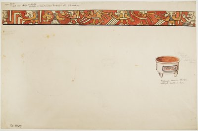 Bordo interno di un vaso a treppiede (che raffigura figure grottesche) e un vaso bianco con disegni contenuti in rettangoli da Adela Breton