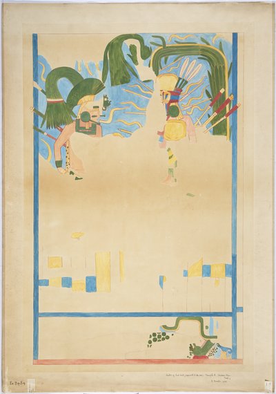 Copia in scala di un quarto di un dipinto murale dal centro della parete est, camera interna, Tempio Superiore dei Giaguari, Grande Campo da Gioco, Chichen Itza, Messico da Adela Breton