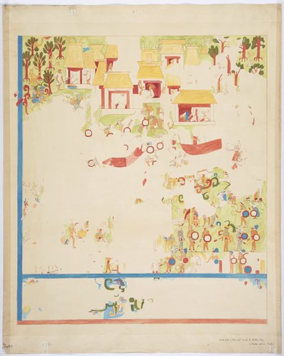 Copia in scala di un dipinto dal pannello sud, parete est, camera interna, Tempio Superiore dei Giaguari, Grande Campo da Gioco, Chichen Itza, Messico da Adela Breton