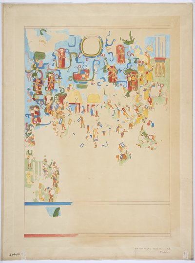 Copia in scala di un quarto di un dipinto murale dalla parete nord, camera interna, Tempio Superiore dei Giaguari, Grande Campo da Gioco, Chichen Itza, Messico da Adela Breton