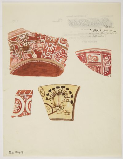 Tre frammenti di ceramica rossa con disegni inclusi una figura di drago in corsa in bianco, e un frammento di ceramica color crema con disegno in marrone da Adela Breton