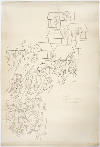 Tracciato di un dipinto murale dalla parete ovest, Tempio Superiore dei Giaguari, Chichen Itza, Messico da Adela Breton