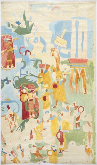 Tracciato di un dipinto murale dalla parete nord della camera interna, Tempio Superiore dei Giaguari (Tempio A di Maudslay), Chichen Itza, Messico da Adela Breton