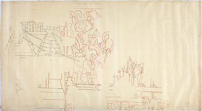 Tracciato di un dipinto murale dalla Casa delle Monache, Chichen Itza, Messico, tracciato e inchiostrato in nero e rosso da Adela Breton