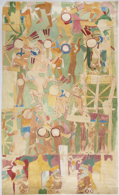 Ricalco di una pittura murale dalla parete sud, camera interna, Tempio Superiore dei Giaguari, Grande Campo da Gioco a Chichen Itza, Messico da Adela Breton