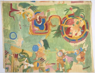 Tracciato di un dipinto murale dalla camera interna, Tempio Superiore dei Giaguari, parete sud, Grande Campo da Gioco, Chichen Itza, Messico da Adela Breton