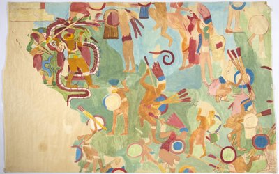 Ricalco di una pittura murale dalla camera interna, Tempio Superiore dei Giaguari, parete sud, Grande Campo da Gioco, Chichen Itza, Messico da Adela Breton