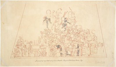 Tracciato di un dipinto murale dalla volta sud, camera interna, Tempio Superiore dei Giaguari, Chichen Itza, Messico da Adela Breton