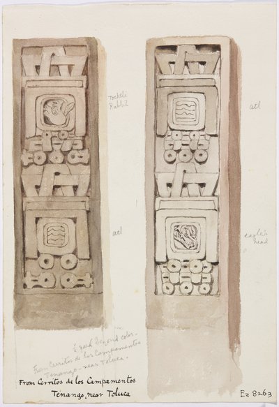 Due colonne entrambe con rilievi in pietra, Cerritos de los Campamentos, Tenago, vicino a Toluca, Messico da Adela Breton